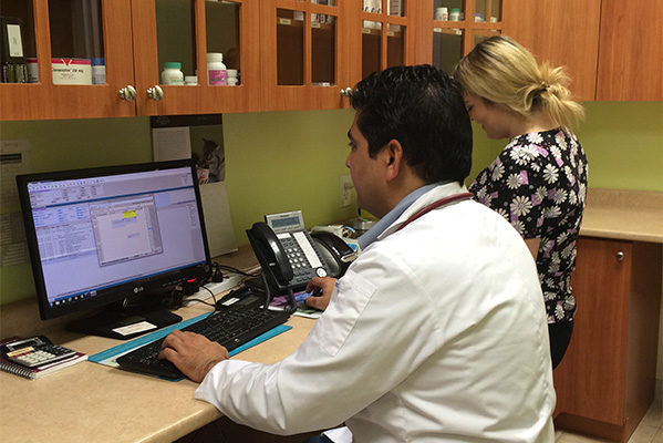 Staff in lab looking at results on computer
